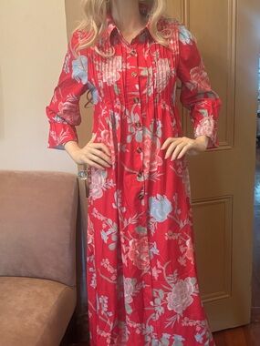 Button-Front Red Floral Maxi Dress with Pintuck Detail
